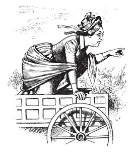 马车上的女人, 指着某物, 复古的线条画或雕刻插图