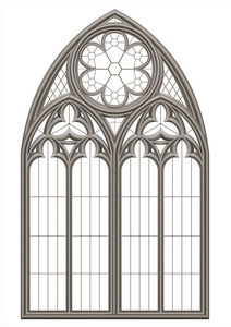 逼真的哥特式中世纪彩绘玻璃窗和石拱与阴影。透明的阴影。背景或纹理。建筑元素