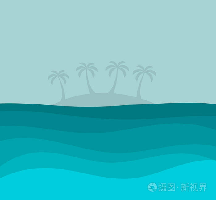 蓝色的海洋和岛上的棕榈树的背景。矢量插图