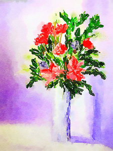 一幅美丽的水彩画, 红色的 Lillys 在玻璃花瓶里