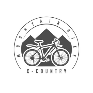 山地自行车, 越野徽章或徽章。单色矢量插图。越野自行车详细剪影
