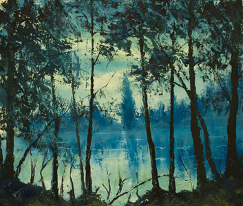 原创油画,美丽的夜晚海.魔法的木头.印象主义照片