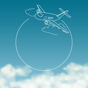 飞机在多云的天空，文本的空间背景