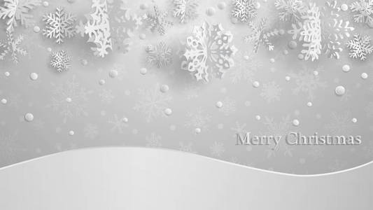 圣诞插图与白色三维纸雪花在浅灰色背景与雪堆