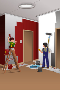 父亲儿子画一堵墙照片