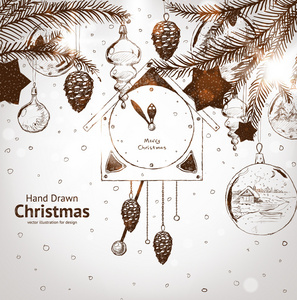 圣诞节手绘圣诞设计的毛皮树.与球 玩具 墙上时钟和冷杉球果照片