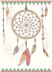 手绘的美国原住民梦想捕手，珠子和羽毛
