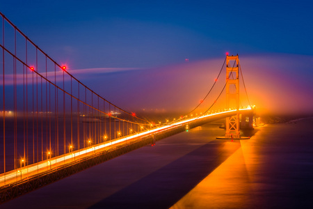 金门大桥和雾从电池斯宾塞的夜景