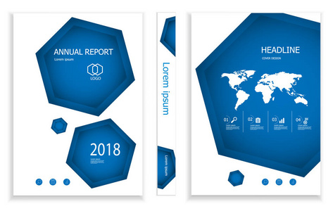 现代深蓝色六角商务小册子的插图设计模板封面图书组合展示海报。在 A4 布局中。传单报告矢量背景