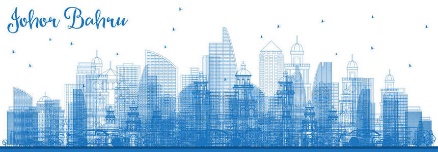 勾勒出新山马来西亚天际线与蓝色建筑。矢量插图。商务旅游和旅游理念与现代建筑。新山景观与地标