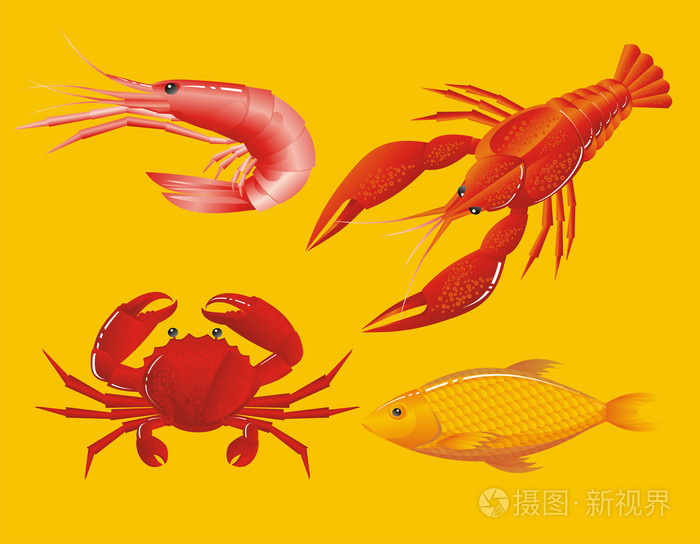 海鲜: 虾, 龙虾, 蟹和鱼