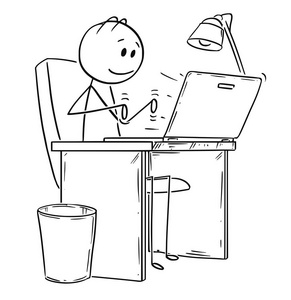 微笑的人或商人的卡通在膝上型电脑或笔记本电脑上工作或打字