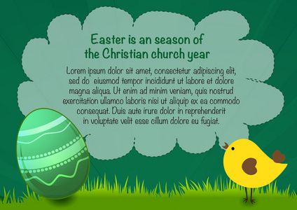 快乐的复活节海报与文本 鸡蛋和鸡 复活节绿色背景
