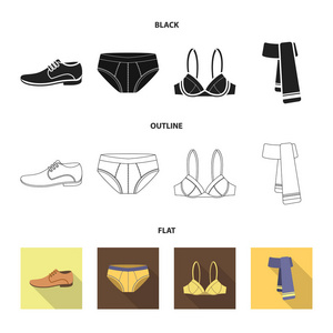 男鞋, 胸罩, 内裤, 围巾, 皮革。服装集合图标卡通风格矢量符号股票插图网站