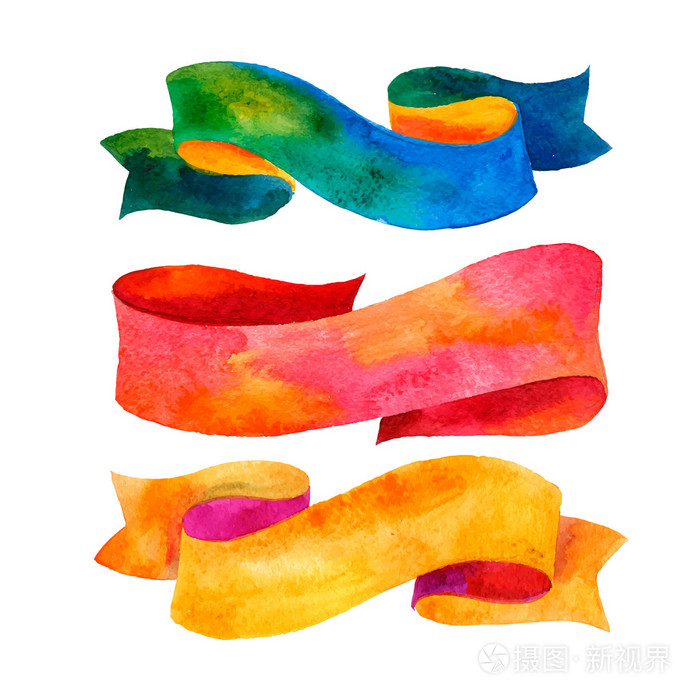 水彩画丝带和横幅文本.水彩的老式丝带设置.手绘浪漫的设计孤立的对象