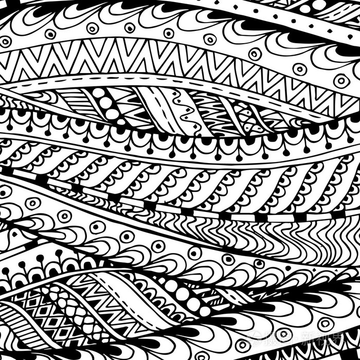 亚洲民族涂鸦黑白相间的花纹,在矢量