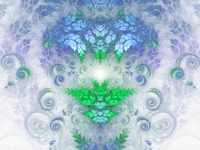 绿色和蓝色的分形心与漩涡，数码艺术作品的创意图形设计