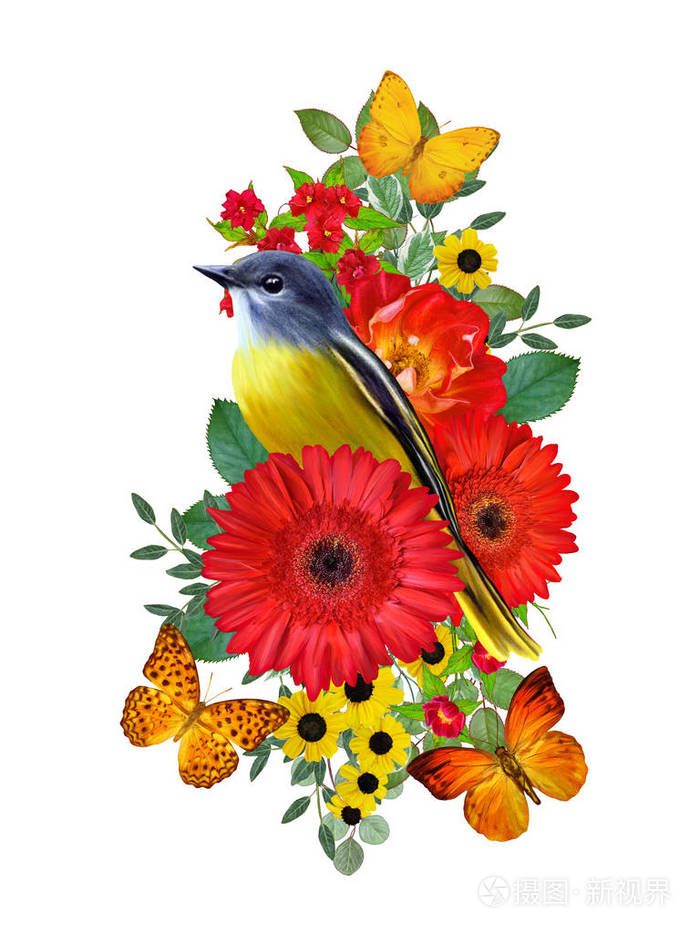 山雀鸟坐在一枝鲜艳的红色 gerberas 花, 黄玫瑰, 绿叶, 美丽的蝴蝶.