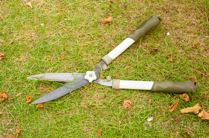 剪刀割草在草坪上