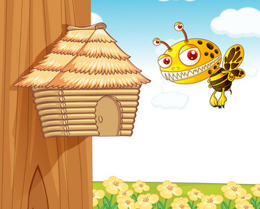 外形样式, 着色图片卡通蜜蜂与蜂窝和蜜蜂的房子大木蜂箱和桶与甜蜂蜜