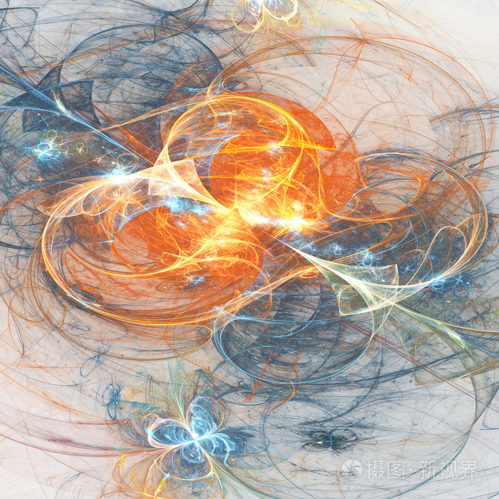 cr的橙色分形螺旋和蓝色蝴蝶数码艺术品