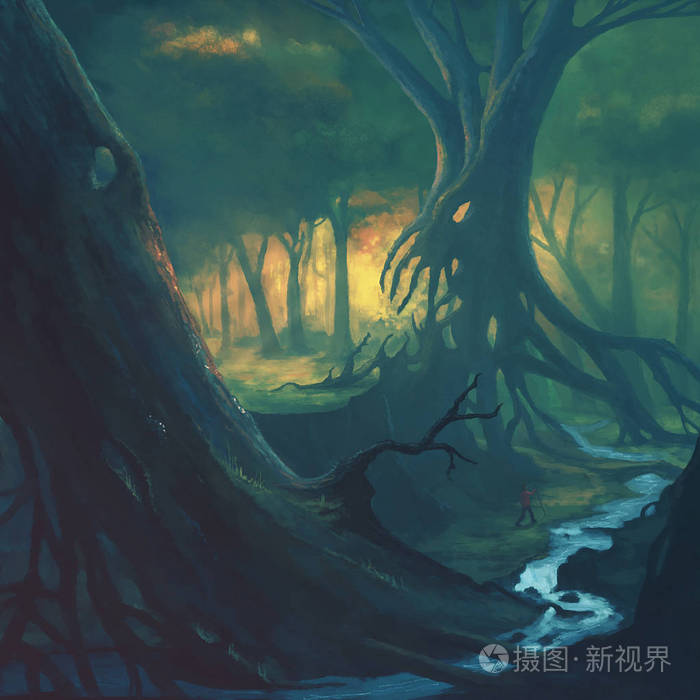 一个男人穿过恐怖森林的数字插图