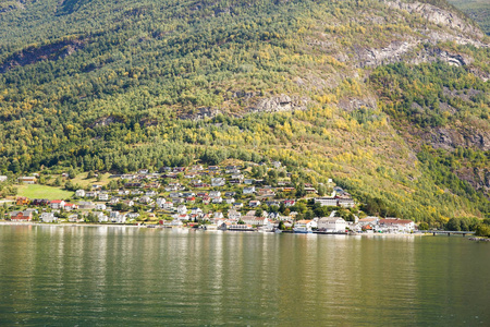 风景与 Naeroyfjord, 山和传统村庄房子在挪威