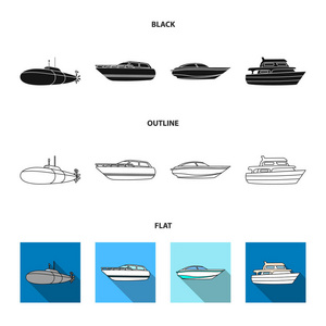 军用潜艇, 快艇, 游艇和精神船。船舶和水运集合图标卡通风格矢量符号股票插图网站