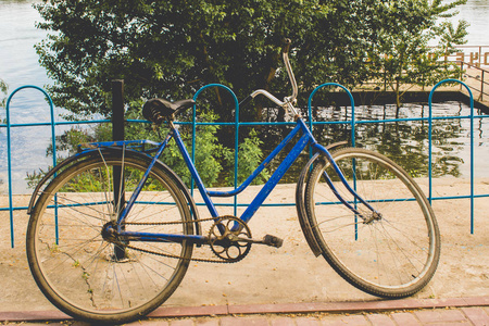 绿色公园中的运动老司机：蓝色自行车骑行城市街道