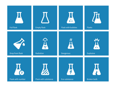 试管和烧瓶图标在蓝色背景