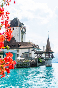 美丽的建筑学在 Oberhofen 城堡与图恩湖背景在瑞士