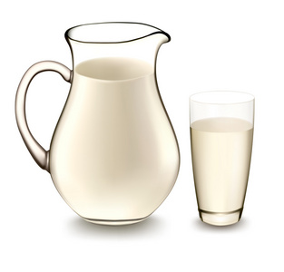 牛奶壶和一杯牛奶。矢量插画