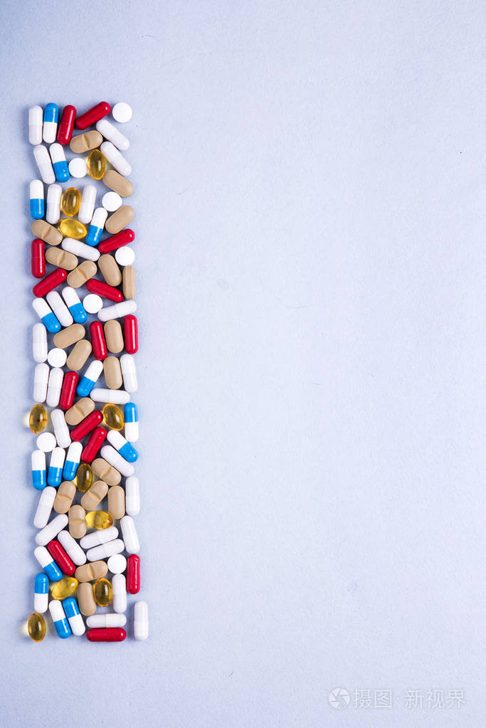 医药准备, 背景.彩色药物药片, 片剂和胶囊分散.医疗理念