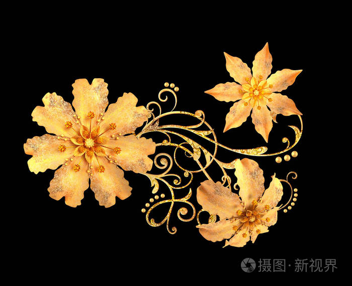 金色风格的花朵, 细腻闪亮的卷发, 佩斯利元素.装饰的角落, 图案.