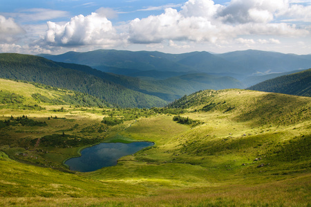 高山湖泊的蓝蓝的天空和白色的云朵背景