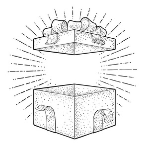 打开礼品盒与丝带, 弓和射线。矢量雕刻