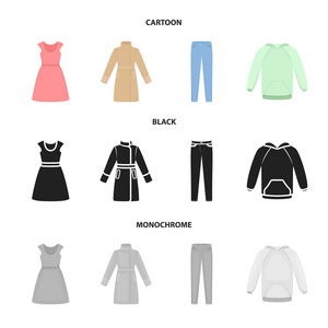 穿着短袖, 长裤, 大衣, 拉格伦。服装套装集合图标卡通, 黑色, 单色风格矢量符号股票插画网站