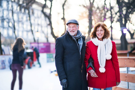 冬天在一个城市散步的资深夫妇