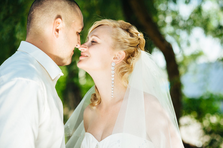 新娘与新郎在婚礼当天对春自然到户外散步。新婚夫妇，祝新婚快乐女人和男人在绿色公园深情相拥