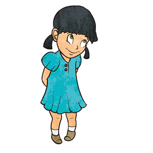 可爱害羞开朗的小女孩穿着蓝色衣服卡通插图照片