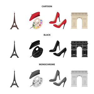 埃菲尔铁塔, 刷子, 帽子。法国国家集合图标在卡通, 黑色, 单色风格矢量符号股票插画网站
