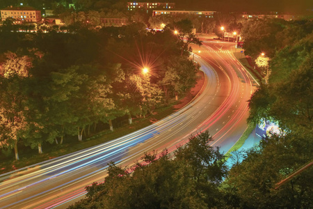 夜街道, 城市路, 车灯轨道, 夏天