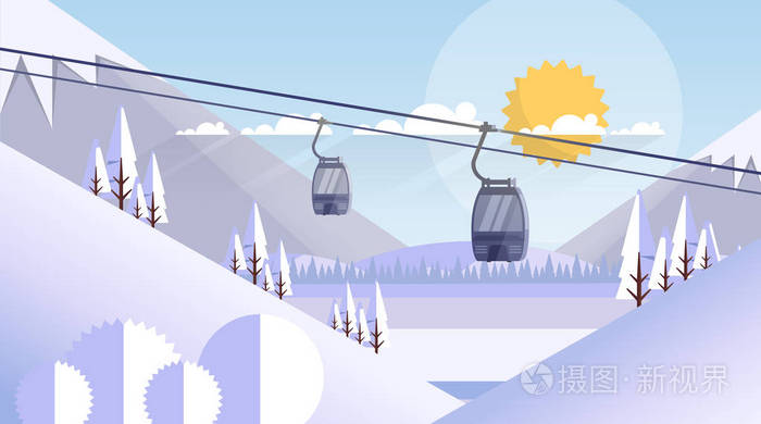 缆车运输绳索方式在山山自然冬天背景横幅与拷贝空间平的向量例证