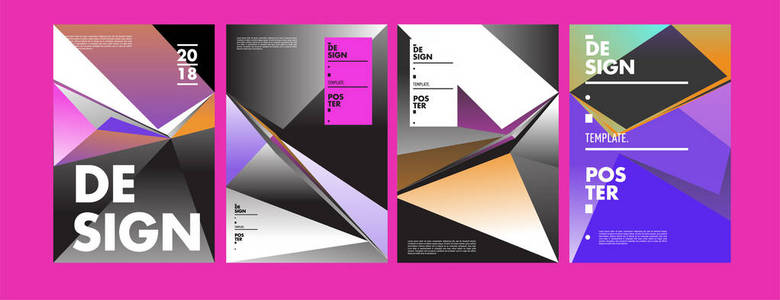 彩色抽象几何三角形海报和封面设计。最小几何图案渐变