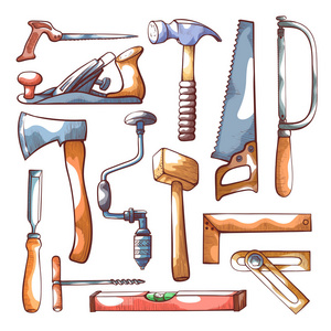 卡通老木匠木工工具手工绘制白色照片