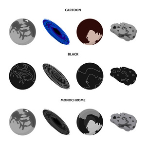 水星, 太阳系行星的冥王星。一个黑洞和一颗陨石。行星集合图标在卡通, 黑色, 单色风格矢量符号股票插画网站