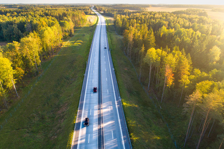 运输。公路鸟瞰图。新公路与汽车的看法从上面。在森林的道路晚上。秋天风景与路和阳光