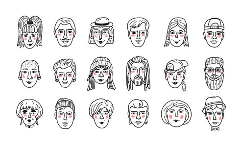 矢量人脸, 滑稽的涂鸦化身.手绘的肖像时髦的女孩和男人.