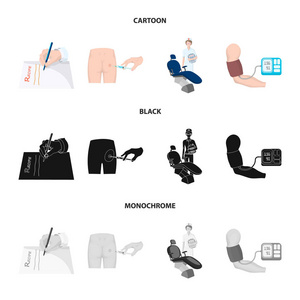 肌肉注射, 处方, 牙医, 血压测量。Medicineset 集合图标在卡通, 黑色, 单色风格矢量符号股票插画网站