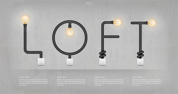 阁楼 抽象的灯泡和灯开关在混凝土墙背景的线性字母表。矢量插图